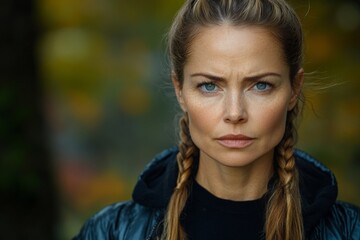 Fototapeta premium Confident woman with braided hair displays determination in a natural outdoor setting during autumn