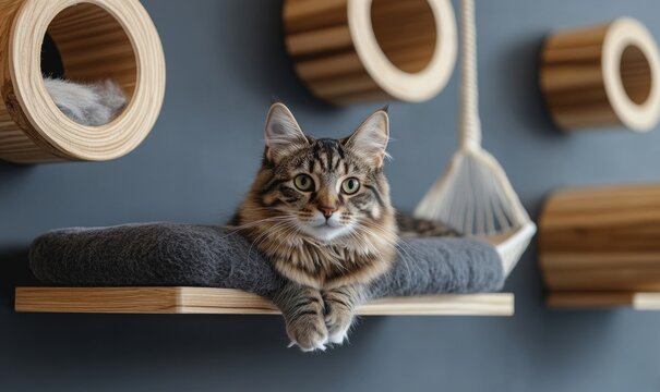 Wall-mounted cat tree condo with floating shelves, climbing poles, and hammock beds, maximizing vertical space and providing cats with an elevated, Generative AI