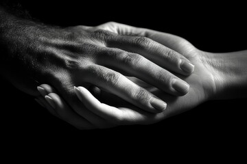 Fototapeta premium Monochrome image of hands gently touching, symbol of love and connection in black and white.