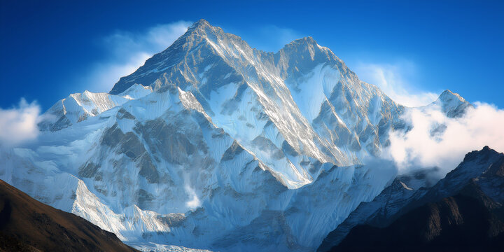 These images capture dramatic views of towering snow-capped mountain peaks, surrounded by clouds and bathed in golden sunlight under a deep blue sky.
