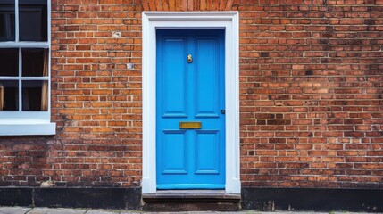Blue door, brick wall, city street, home entrance