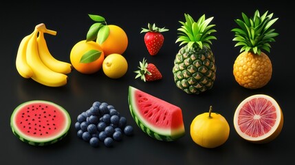 Colorful fruits collection on black background