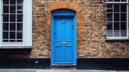 Fototapeta premium Blue door, brick building, city street, home
