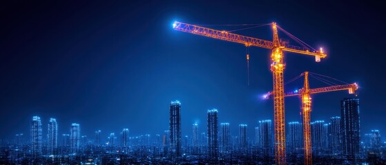 Nighttime construction site with illuminated cranes and city skyline
