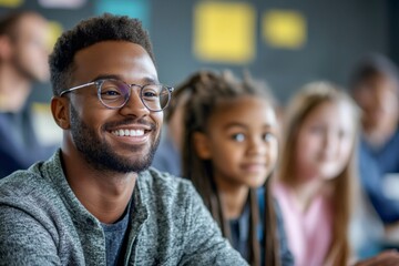 Obraz premium Smiling teacher engaging with diverse students in classroom