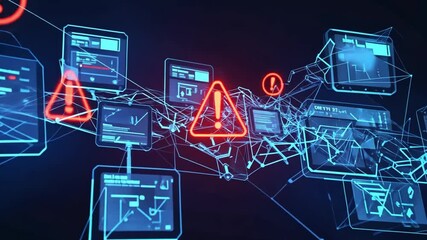 A blockchain network of data nodes disintegrating, with glowing red warning alerts, representing a crypto market crash - Powered by Adobe