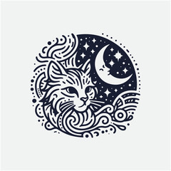 A decorative cat silhouette filled with intricate line art floral patterns. Pet Doodle Face Drawing. thematic cat face line art. space cat concept.