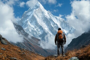 Hiker admiring majestic snowy mountain peak in the himalayas © Gatherina