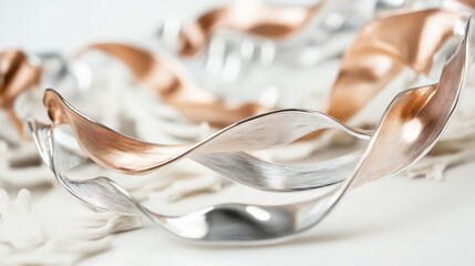 Elegant Silver and Rose Gold Metal Ribbons on a Soft White Background