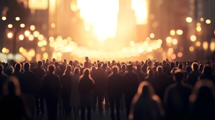 City crowd silhouetted at sunset, hope, event