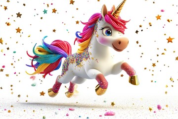 Fototapeta premium A whimsical unicorn and rainbow drawing, isolated on a white background