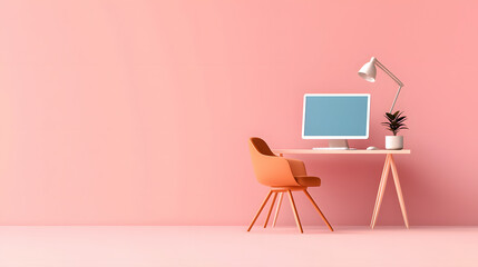Fototapeta premium modern workspace featuring sleek desk, computer, and stylish chair against pink wall. setup exudes minimalist and inviting atmosphere, perfect for productivity