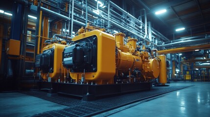 Industrial machinery: modern yellow compressors in an advanced manufacturing facility
