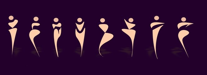 illustration of a set of different women's body shapes. Fashion illustration.  Women's body silhouette morphology inspiration.

