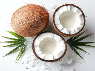 Fresh coconuts with green leaves and water droplets create tropical vibe. whole coconut and two halved coconuts showcase creamy interior, perfect for culinary uses