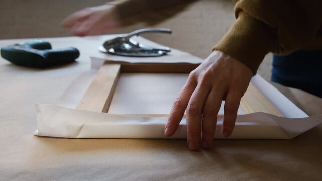 Hands stretching canvas on stretcher bars using staple gun in workshop. Gallery wrap. Print on canvas.