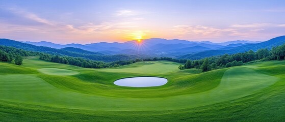 Obraz premium Serene sunset overrolling hills and golf course landscape for tranquil retreats