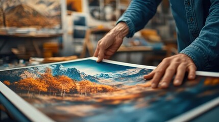 Large format, close-up of a large printed landscape photograph being handled in a studio