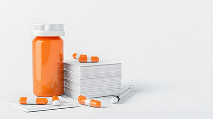 bottle of orange medication next to stack of medical papers and capsules, symbolizing healthcare and prescription services