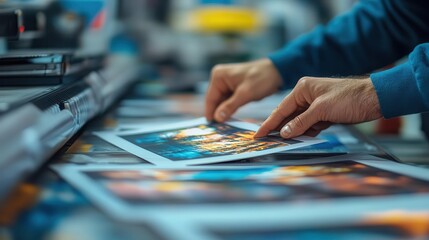 Fototapeta premium Print-ready, close-up of hands aligning a photo on a print-ready template in a design program