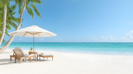 serene beach scene featuring sun umbrella, lounge chairs, and clear blue ocean. Perfect for relaxation and enjoying tropical vibes
