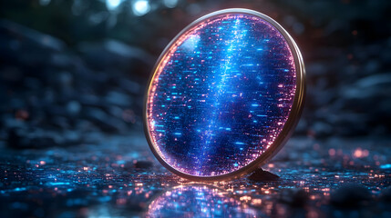 Glowing Orb on Dark Stone Surface with Colorful Light