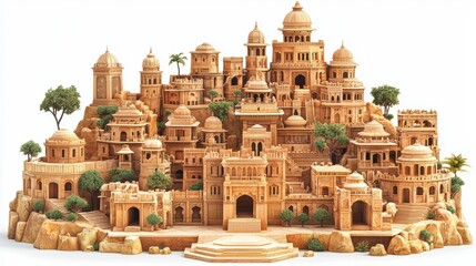 Detailed 3D Cartoon Rendering of Ancient Architecture with Buildings and Natural Elements
