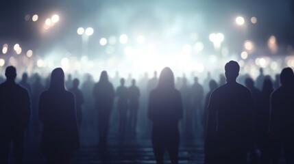 Fototapeta premium Crowd silhouetted at night, city lights blurred background, event