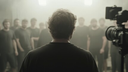 Film director filming a scene with actors in a studio