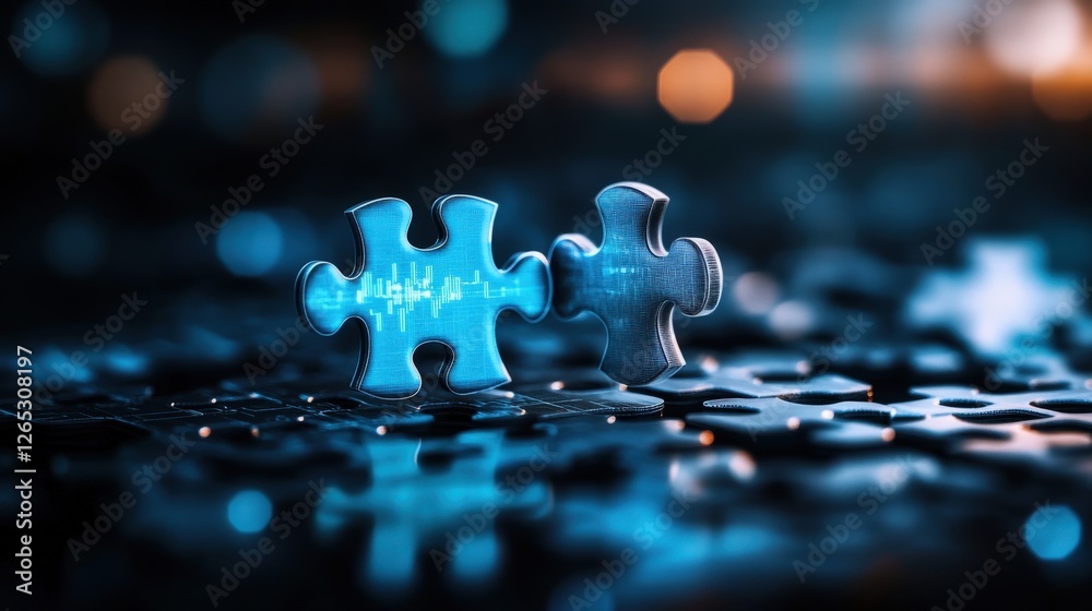 Poster Puzzle Pieces with Digital Elements on a Dark Background