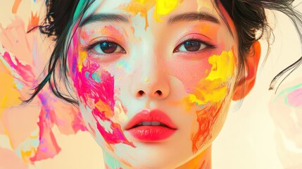 Fototapeta premium Colorful paint, woman's face, art, studio, vibrant background