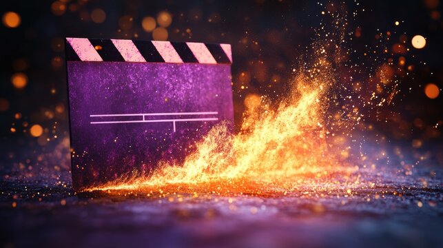 Dramatic cinematic clapperboard with fiery flames and sparks