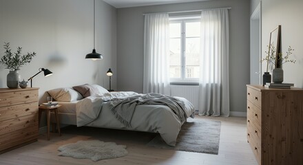 Cozy Bedroom Interior with Natural Light and Rustic Wooden Furniture