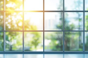 Blurred glass window interior background with sunlight shining through the windows. Blurry office or business center scene with large panoramic windows and a view of the natural landscape outside. 