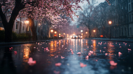 A gentle spring rain falling on a street lined with