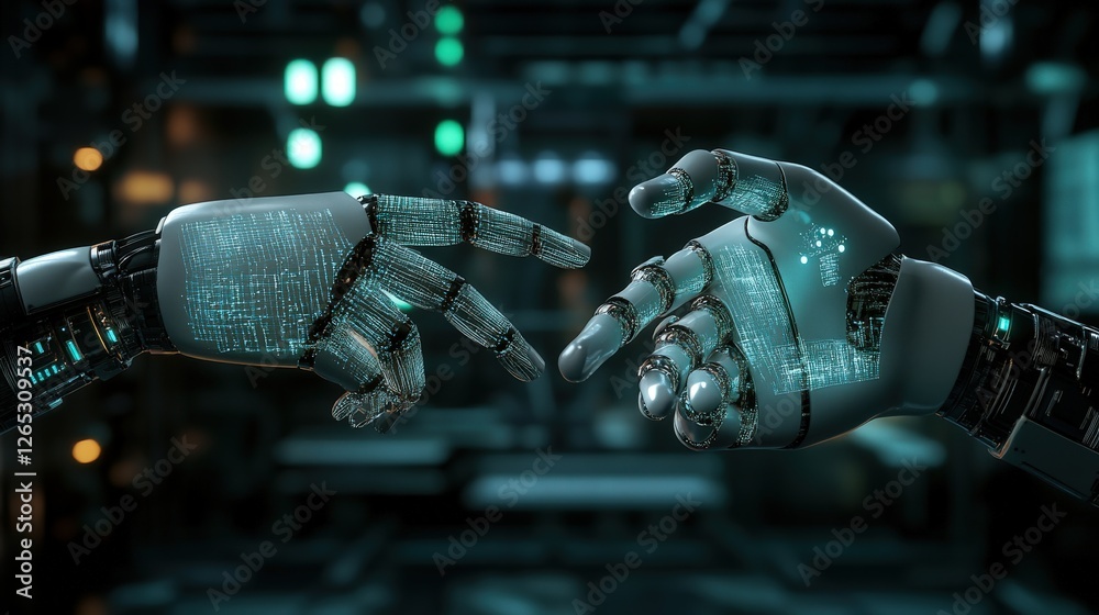 Poster Robot Hands Reaching Towards Each Other with Digital Connection Symbols