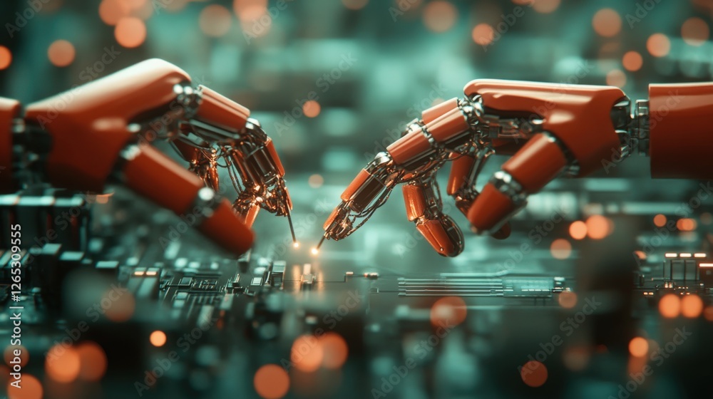 Poster Robotic Hands Interacting with Microchips in Futuristic Setting