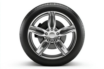 Obraz premium Glossy black car wheel on white background. Artificial Intelligence