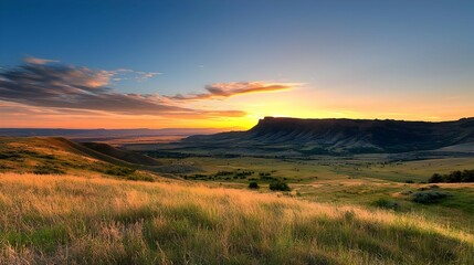 Obraz premium Sunset Over Grasslands and Mesa Plateau