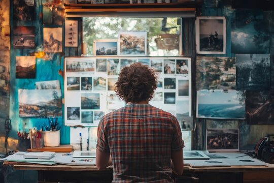 Photographer editing pictures in creative workspace looking at mood board