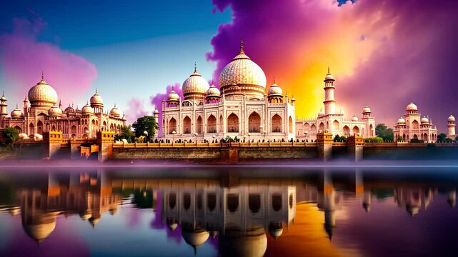 Serene view of an indian architectural marvel with stunning reflections in water during an enchanting sunset