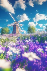Vintage wooden windmill with beautiful colorful wild flowers in Spring.