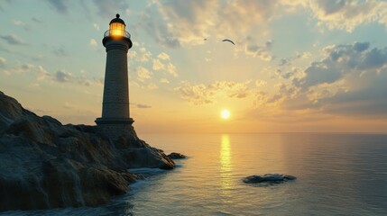 Fototapeta premium Coastal Beacon: Lighthouse Illuminating the Sea at Sunset Scenery