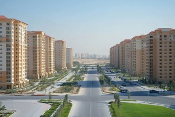 Fototapeta premium Modern residential buildings dominating urban landscape on sunny day