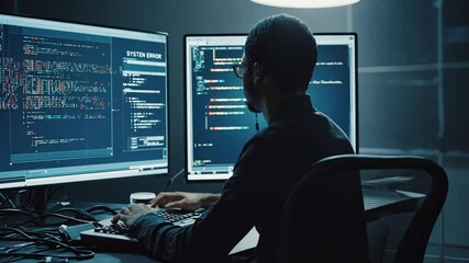 A programmer with code-filled screens crashing and a System Error alert, wires tangled, a coffee spill on the keyboard, and a dark background, symbolizing tech disaster and professional crisis, hidi