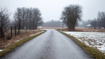 Fototapeta premium Empty Wet Winter Road Through Snowy Fields