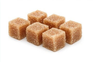 Caramel candy cubes on solid white background. Artificial Intelligence