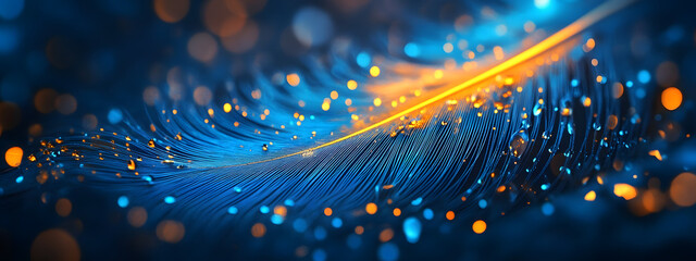 A close-up of the blue and yellow center parting on an elegant peacock feather
