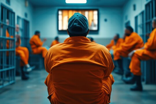 Crowded prison common room where a prisoner watches television surrounded by fellow inmates