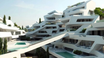 Obraz premium Modern coastal complex, hillside pools